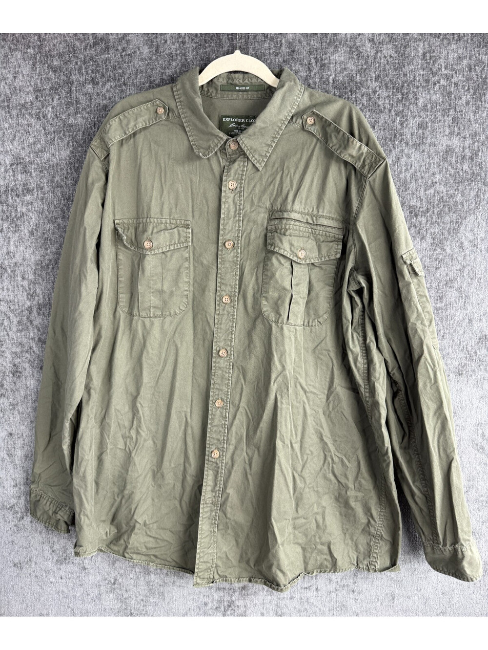 Eddie Bauer Mens 2XLT Explorer Cloth Olive Green Safari Field Shirt Long Sleeve